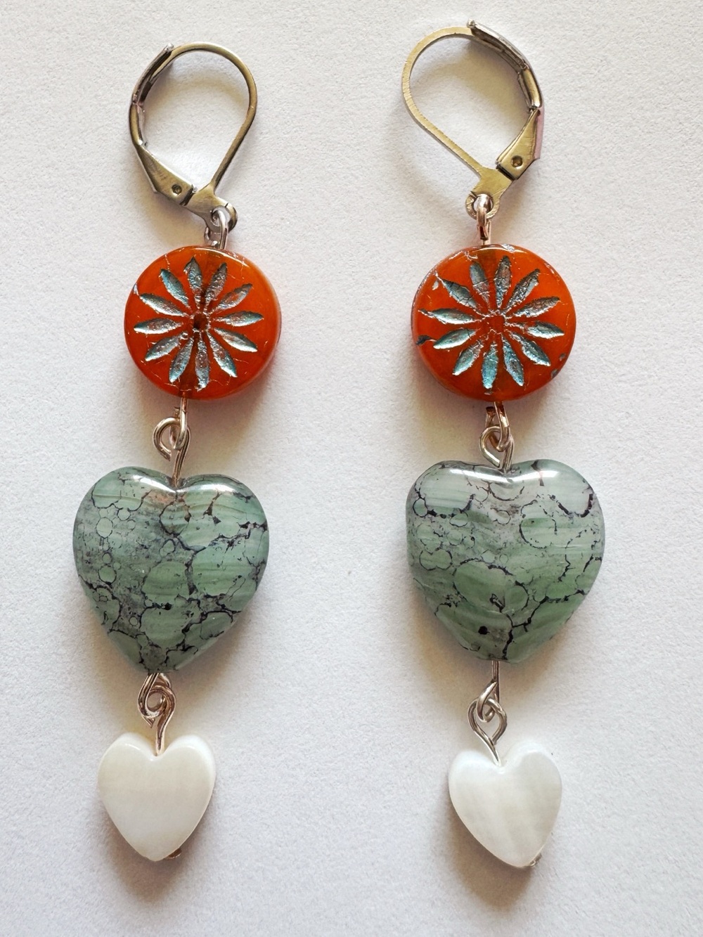 Handmade Boho Turquoise Heart Dangle Earrings with Floral Accent 💛